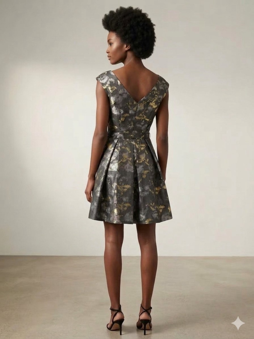 Eliza J. Floral Jacquard Cap
Sleeve Black Gold Metallic Fit &
Flare Dress ⢠NWOT - Picture 2 of 9